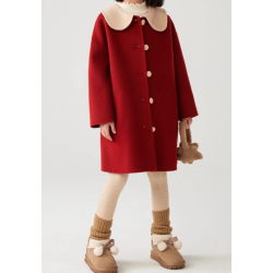 100% Handmade UK Elite Wool Style China Red White Doll Collar Kids Wool Coat for Children