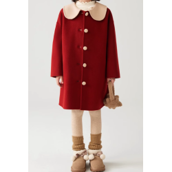 100% Handmade UK Elite Wool Style China Red White Doll Collar Kids Wool Coat for Children
