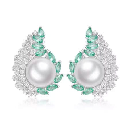 Oriental Pearl Earring Buddha Energy Protection of White Water Drop Green Gem Energy Heal Pearl Earring