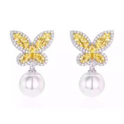 Oriental Pearl Earring Buddha Energy Protection of White Butterfly Yellow Gem Energy Heal Pearl Earring