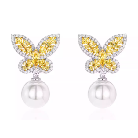 Oriental Pearl Earring Buddha Energy Protection of White Butterfly Yellow Gem Energy Heal Pearl Earring