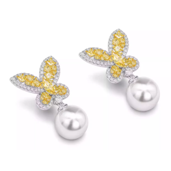 Oriental Pearl Earring Buddha Energy Protection of White Butterfly Yellow Gem Energy Heal Pearl Earring