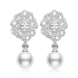 Oriental Pearl Earring Buddha Energy Protection of White Luxuriant Flowers Diamond Energy Heal Pearl Earring