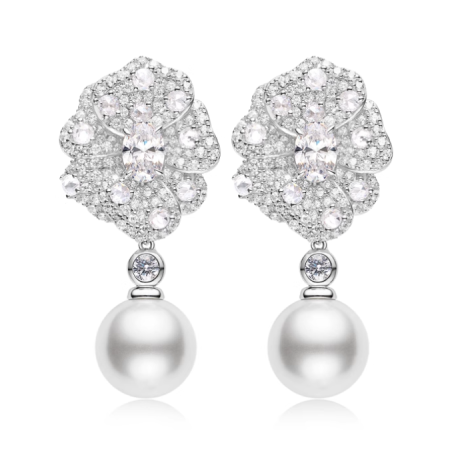 Oriental Pearl Earring Buddha Energy Protection of White Luxuriant Flowers Diamond Energy Heal Pearl Earring