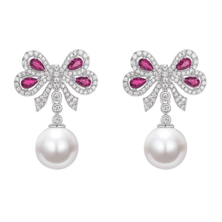 Oriental Pearl Earring Buddha Energy Protection of White Rose Gem Bowknot Energy Heal Pearl Earring