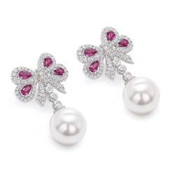 Oriental Pearl Earring Buddha Energy Protection of White Rose Gem Bowknot Energy Heal Pearl Earring