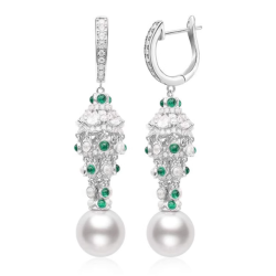 Oriental Pearl Earring Buddha Energy Protection of White Stereoscopic Emerald Gem Energy Heal Pearl Earring