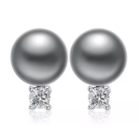 Oriental Pearl Earring Buddha Energy Protection of Deep Gray 4 Claws Diamond Energy Heal Pearl Earring
