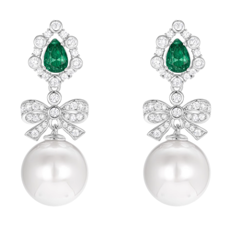 Oriental Pearl Earring Buddha Energy Protection of White Bowknot Emerald Gem Energy Heal Pearl Earring