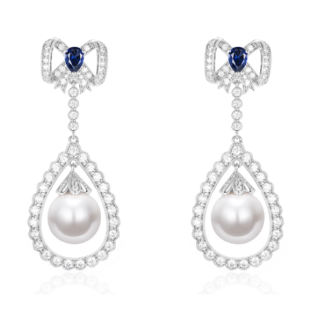 Oriental Pearl Earring Buddha Energy Protection of White Royal Blue Gem Bowknot Energy Heal Pearl Earring