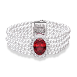 Oriental Pearl Bracelet Buddha Energy Protection of White 5 Rows Oval Ruby Energy Heal Pearl Bracelet