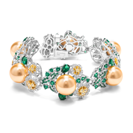 Oriental Pearl Bracelet Buddha Energy Protection of Gold Emerald Gems Flower Energy Heal Pearl Bracelet