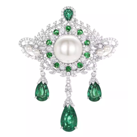 Oriental Pearl Brooch Buddha Energy Protection of White Pear Emerald Gems Energy Heal Pearl Brooch
