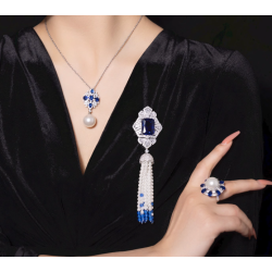 Oriental Pearl Brooch Buddha Energy Protection of White Blue Tassels Square Gems Energy Heal Pearl Brooch