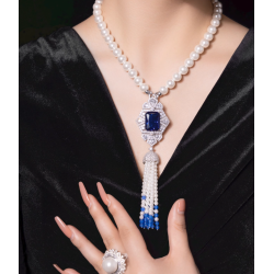 Oriental Pearl Brooch Buddha Energy Protection of White Blue Tassels Square Gems Energy Heal Pearl Brooch